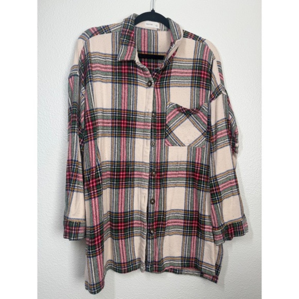 Maurices Oversized Plaid Button Down Shirt Cream Red Green‎ Multi Color L H0719